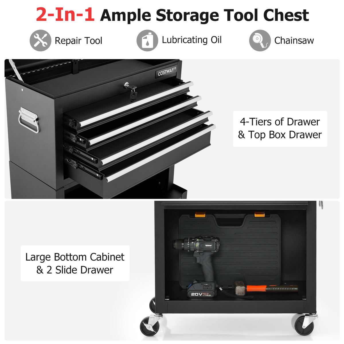 Detailed view of the black tool storage cabinet drawers and bottom storage