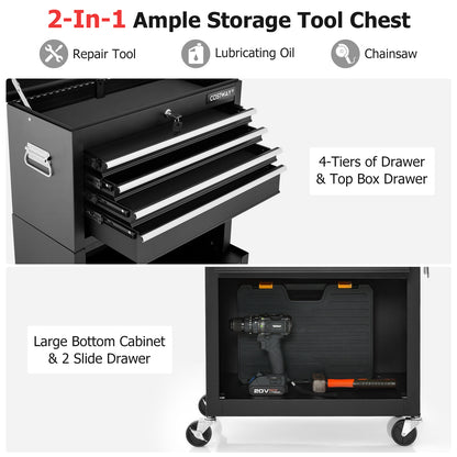 Detailed view of the black tool storage cabinet drawers and bottom storage