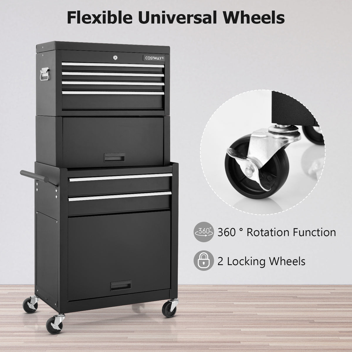 Close up of the flexible universal wheels on the black tool storage cabinet