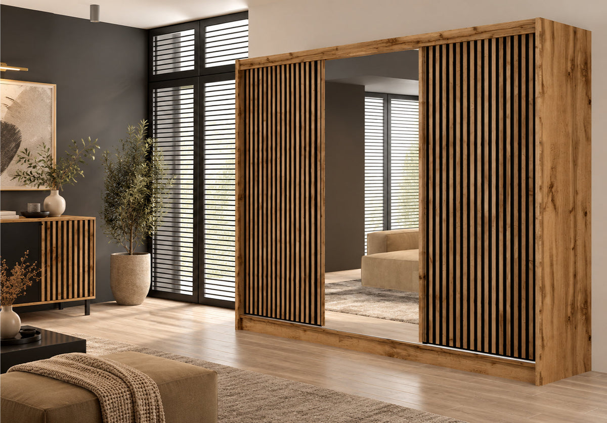 London Mirrored Sliding Door Wardrobe in Oak Wotan and Black Matt