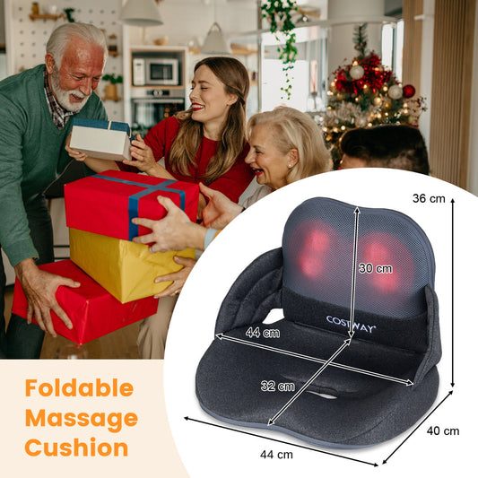 The massage cushion shown with dimensions overlaid on a background of people with gifts