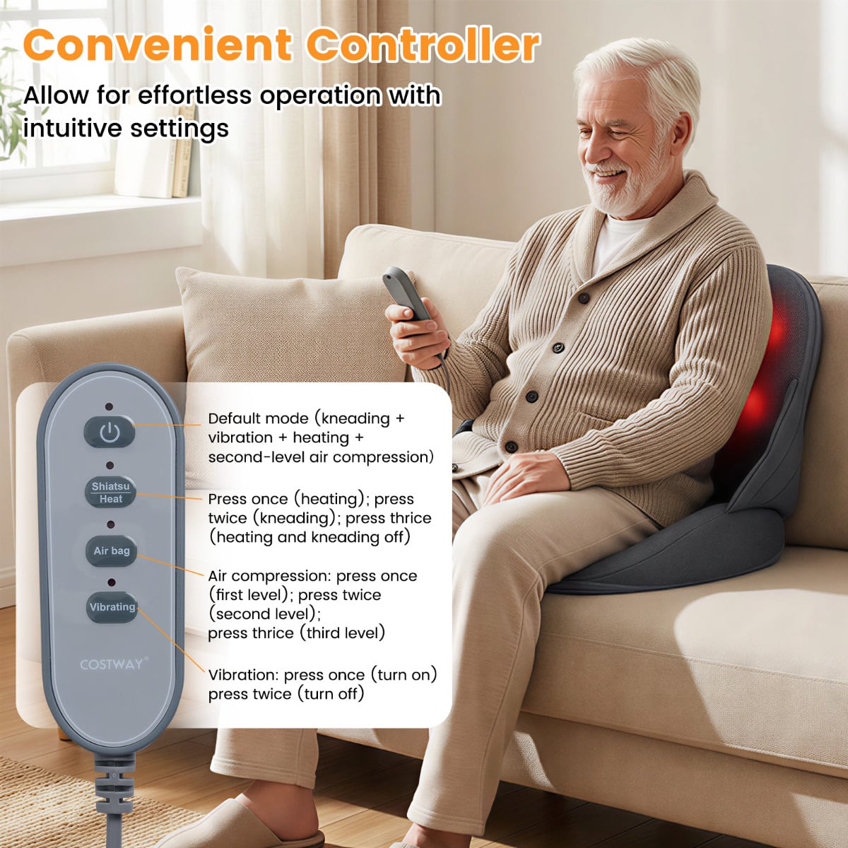 Low Back Massager with Heat Foldable Shiatsu Massage Lumber and Hip Support Seat Cushion-Grey