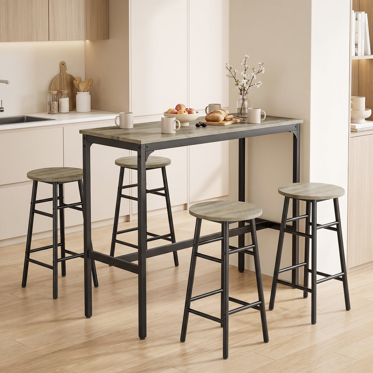 HOMCOM 5 Piece Bar Table Set with 4 Stools in Grey Wood Effect