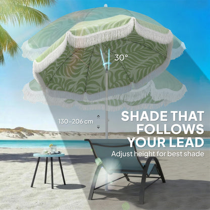 Outsunny 1.8 m Beach Umbrella Parasol with Sand Anchor, Portable Tilting Garden Parasol with Adjustable Height, Green