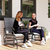 Outsunny 2 Seats Garden Glider Bench, Metal Frame Loveseat with Glass Top Centre Table, Porch Rocking Glider for 2 Person, for Deck, Patio, Brown/ Grey