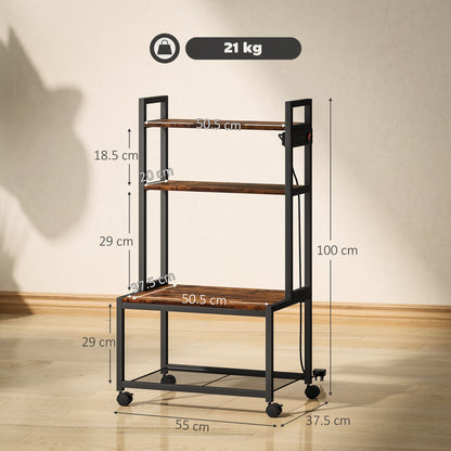HOMCOM 4-Tier Printer Stand with Power Outlets and Wheels in Rustic Brown