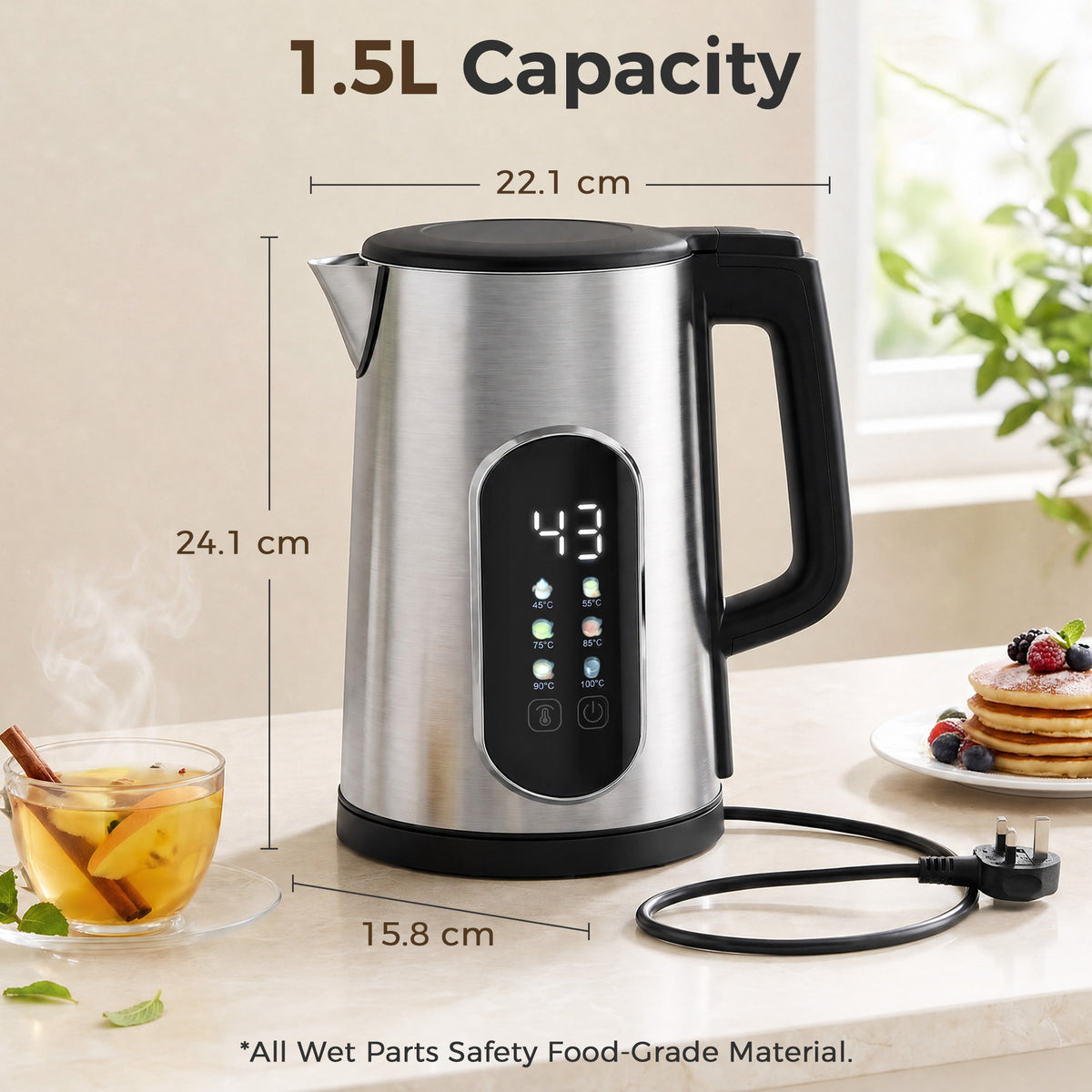 HOMCOM 1.5L Electric Kettle, 3000W Fast Boil Water Kettle with LED Touch Control, Strix Thermostat, Keep Warm Function