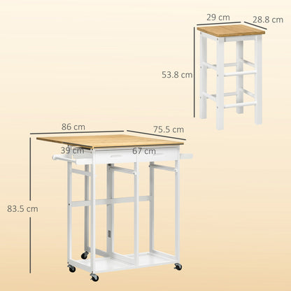 HOMCOM Kitchen Island Set with 2 Stools, Bamboo Breakfast Cart with Drop Leaf Top, Drawers and Towel Rack, Rolling Kitchen Cart and Chairs Set, White