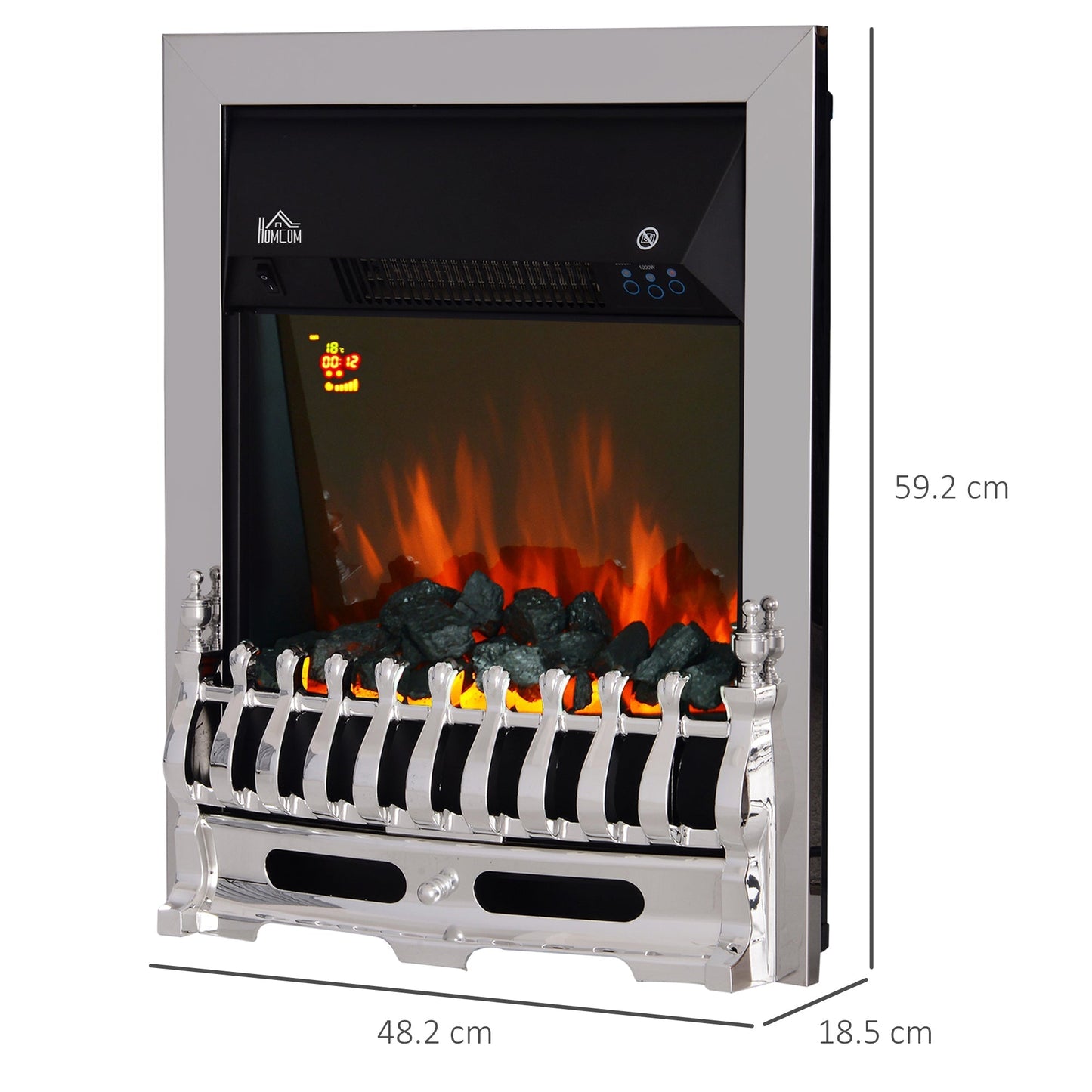 HOMCOM Contemporary Electric Fireplace Coal Burning Flame Effect Inset Fire Place Space Heater Glass View LED Lighting with Remote Control, 1000W/2000W, Silver