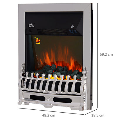 HOMCOM Contemporary Electric Fireplace Coal Burning Flame Effect Inset Fire Place Space Heater Glass View LED Lighting with Remote Control, 1000W/2000W, Silver