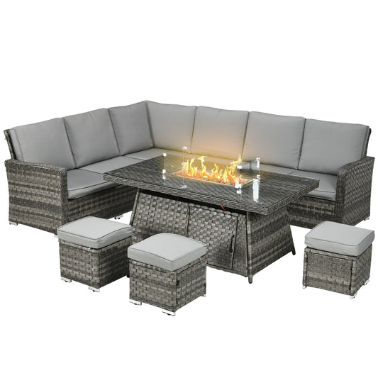 طقم أريكة من الراتان Outsunny Seven-Piece Firepit Table - رمادي
