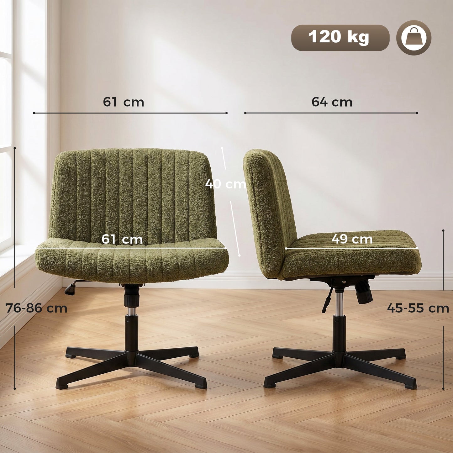 HOMCOM Teddy Fleece Criss Cross Legged Desk Chair, Armless Office Chair No Wheels, Green