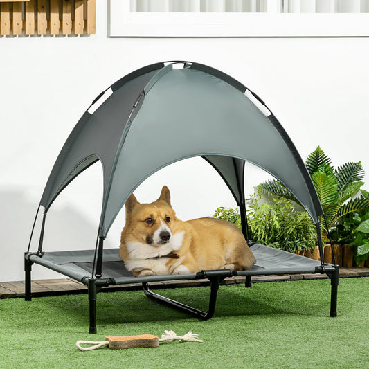 PawHut Outdoor Dog Bed with Removable Canopy, Portable Raised Dog Bed for Camping, Garden & Beach, Water-Resistant UV-Protection Mesh Pet Cot Sun Lounger, for Large Pets, 92 x 76 x 90 cm, Grey