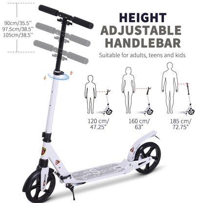 HOMCOM Folding Kick Scooter, Adjustable Ride On Scooter with 200mm Big Wheels and Double Shock Absorption, Urban Scooter for 14+ Teens Adult, White