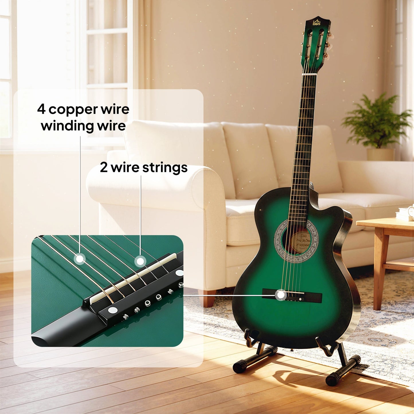 HOMCOM 38 Inch Acoustic Electric Guitar, Beginner Junior Adult Guitar Gloss Finish with Carrying Case - Dark Green