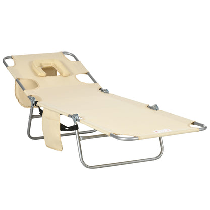 Outsunny Foldable Sun Lounger, Beach Chaise Lounge with Reading Hole, Arm Slots, 5-Position Adjustable Backrest, Side Pocket, Pillow for Garden, Beach, Pool, Beige