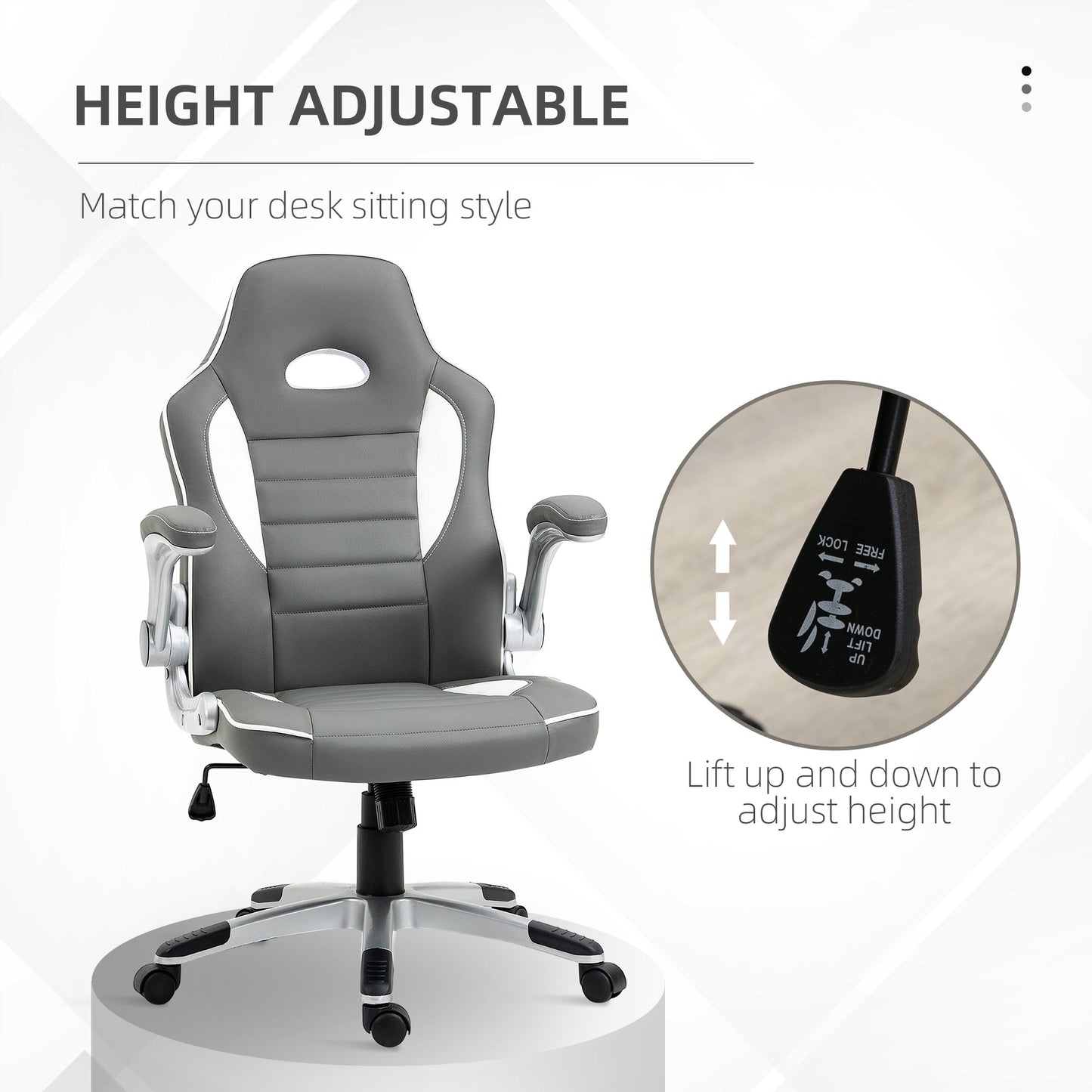 Vinsetto Computer Gaming Chair, Office Desk Swivel Chair, PU Leather Racing Chair with 90  Flip-up Armrest, Adjustable Height and Rolling Wheels, Grey