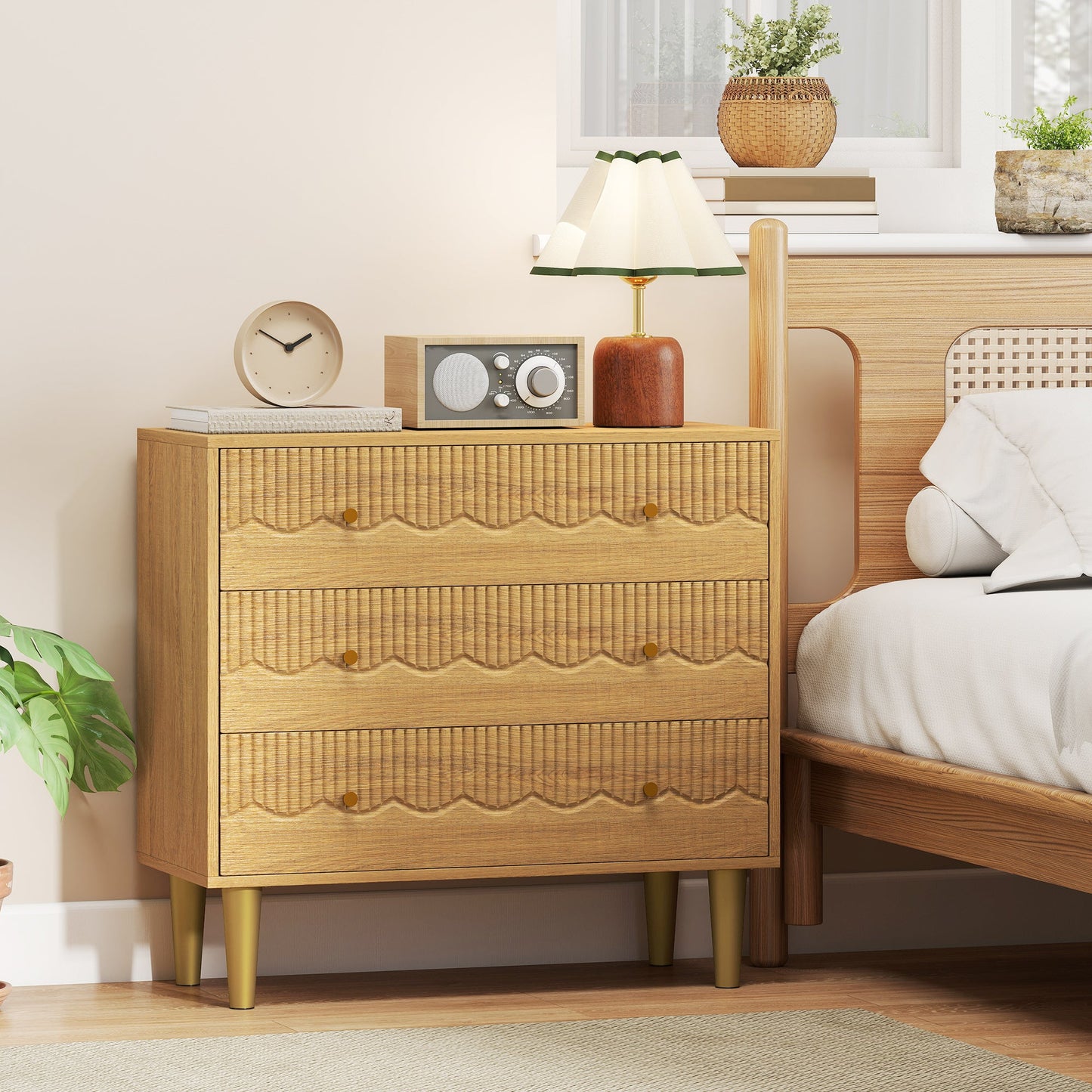 HOMCOM Dresser for Bedroom 3 Drawer Chest of Drawers with Steel Frame for Living Room in Oak