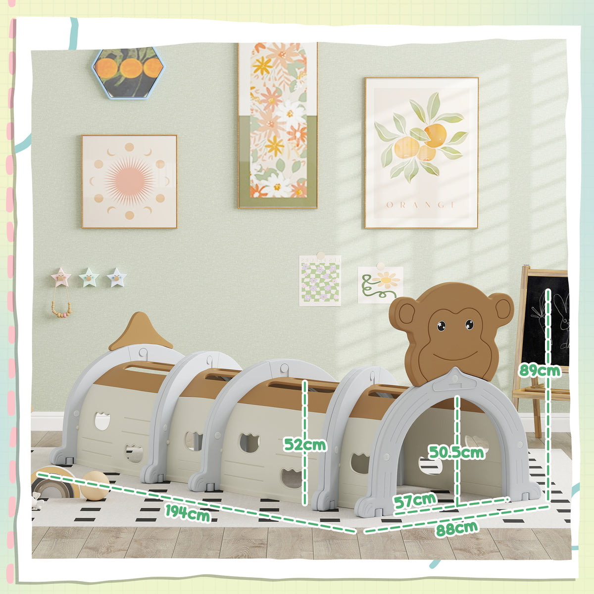 AIYAPLAY Monkey-Design Kids Play Tunnel for Crawling in Brown