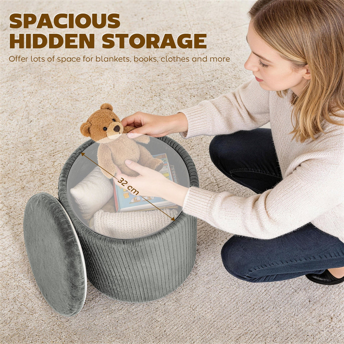 HOMCOM Storage Ottoman Modern Velvet Round Foot Stool for Living Room Bedroom 45 cm Grey
