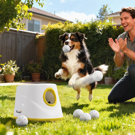 PawHut Automatic Dog Ball Launcher, Dog Thrower Machine with 6PCS 2.3" ETPU alls, 3 Adjustable Distance(20/33/46ft) & Random Mode
