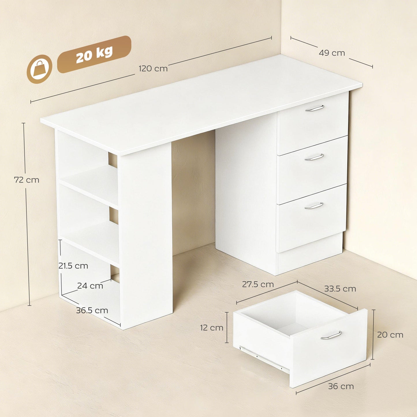 HOMCOM Computer Desk, Home Office Desk, Writing Table, PC Workstation with 3 Storage Shelves and 3 Drawers for Working, Study, 120 x 49 x 72 cm, White