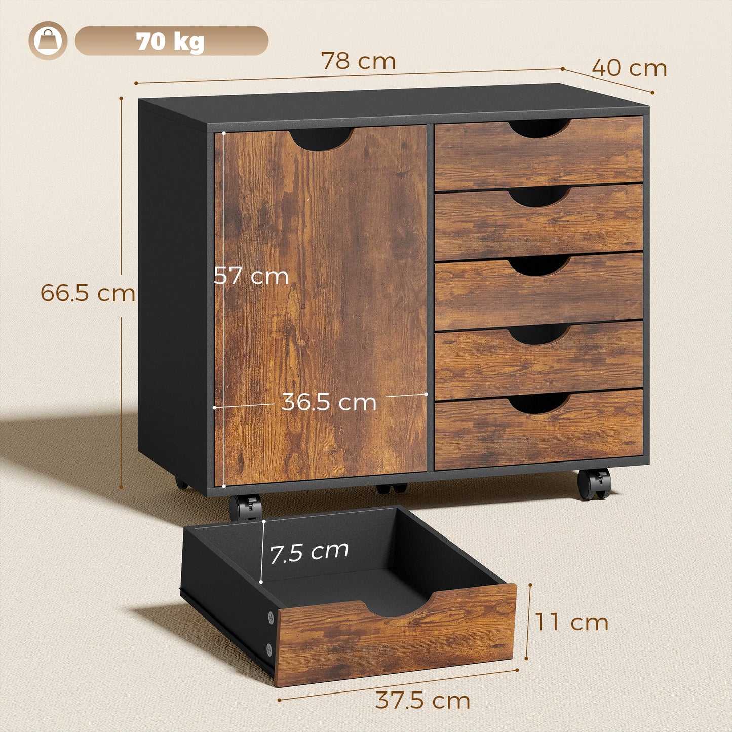 HOMCOM Multi-Storage Mobile Office Storage Cabinet - Rustic Brown