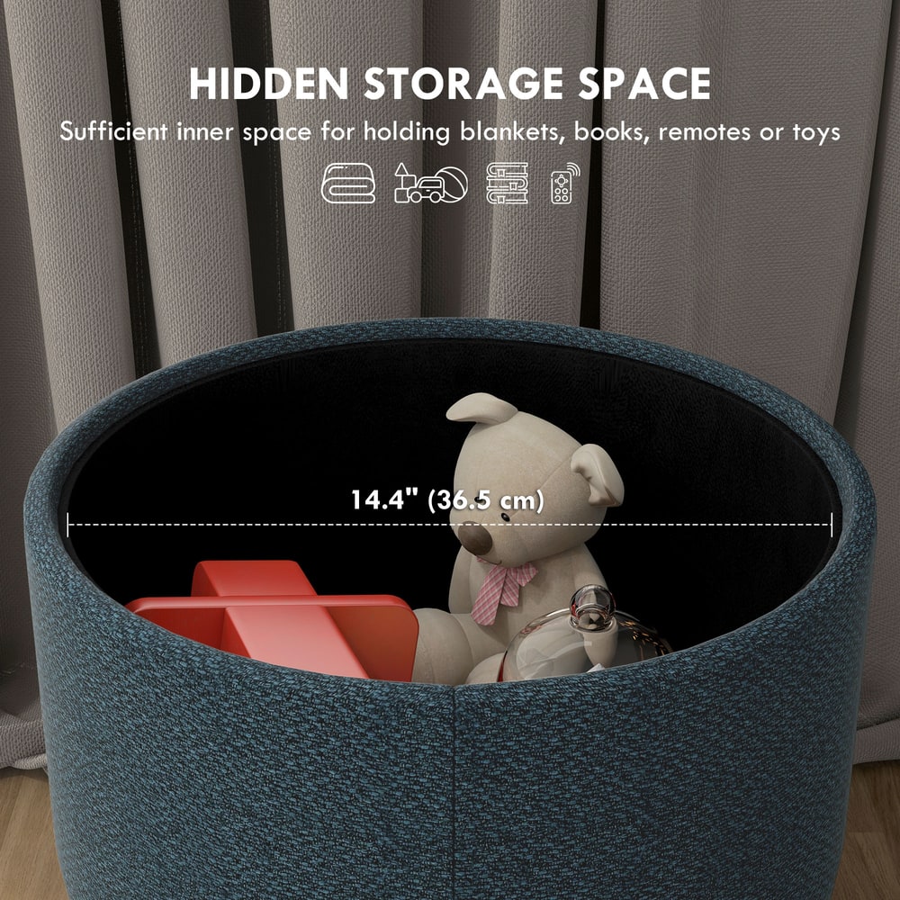 HOMCOM Round Linen-Look Storage Ottoman in Blue