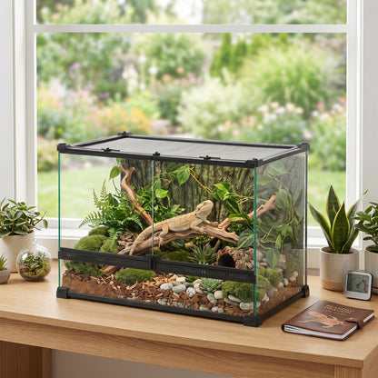 PawHut Reptile Glass Terrarium with Stone Background, Front Ventilation, Escape-Proof Knob Lock, 50 x 30 x 35 cm, Black
