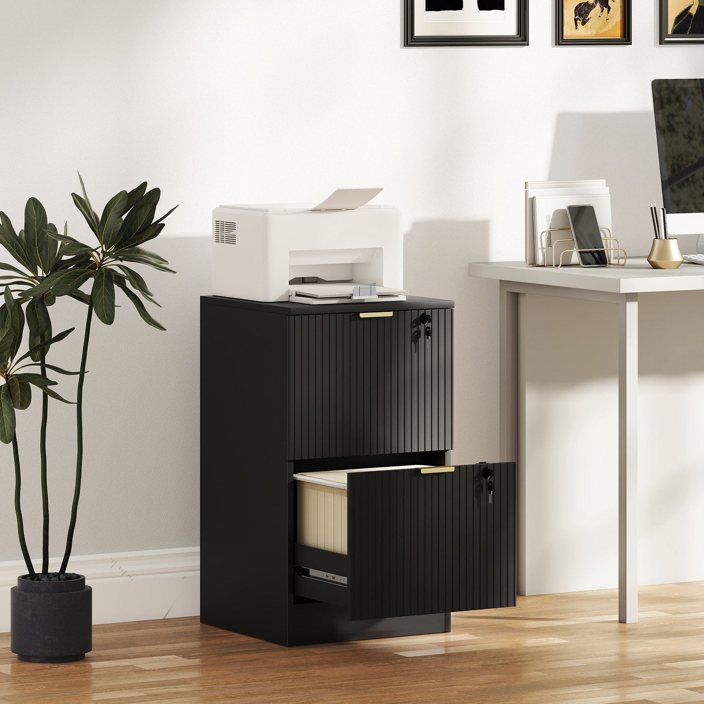 HOMCOM Filing Cabinet, Fluted Vertical File Cabinet with 2 Lockable Drawers and Hanging Rails, Black