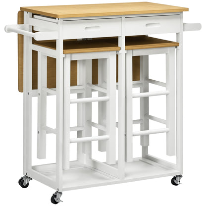 HOMCOM Kitchen Island Set with 2 Stools, Bamboo Breakfast Cart with Drop Leaf Top, Drawers and Towel Rack, Rolling Kitchen Cart and Chairs Set, White