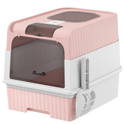 PawHut Enclosed Cat Litter Box with Lid, Pull-Out Drawer Tray, Scoop, 4 Deodorisation Bags, Front Entry & Top Exit, Pink