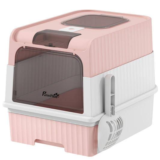 PawHut Enclosed Cat Litter Box with Lid, Pull-Out Drawer Tray, Scoop, 4 Deodorisation Bags, Front Entry & Top Exit, Pink