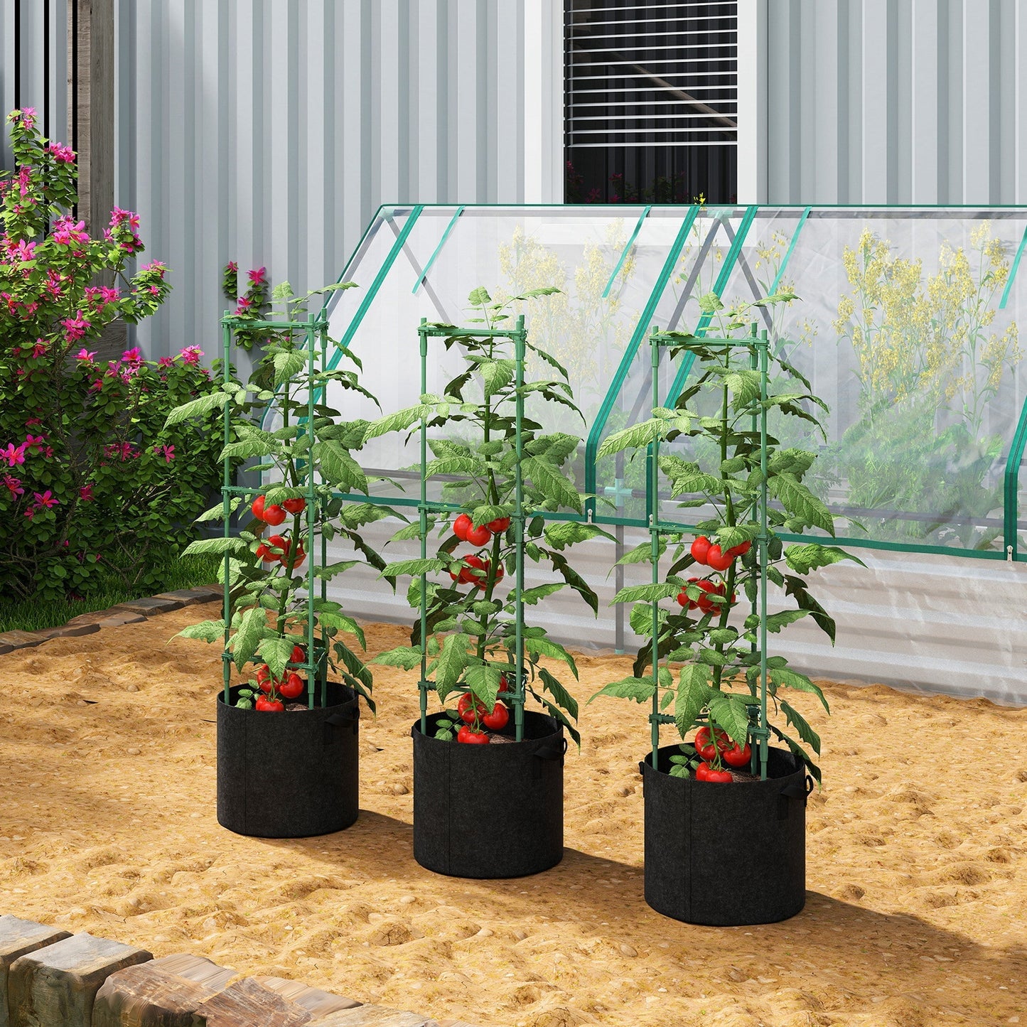 Outsunny 3 Packs Tomato Cages with 83.7L Grow Bags, 120cm Adjutstable Triangle Plant Stakes Support Trellis with Planter Bags