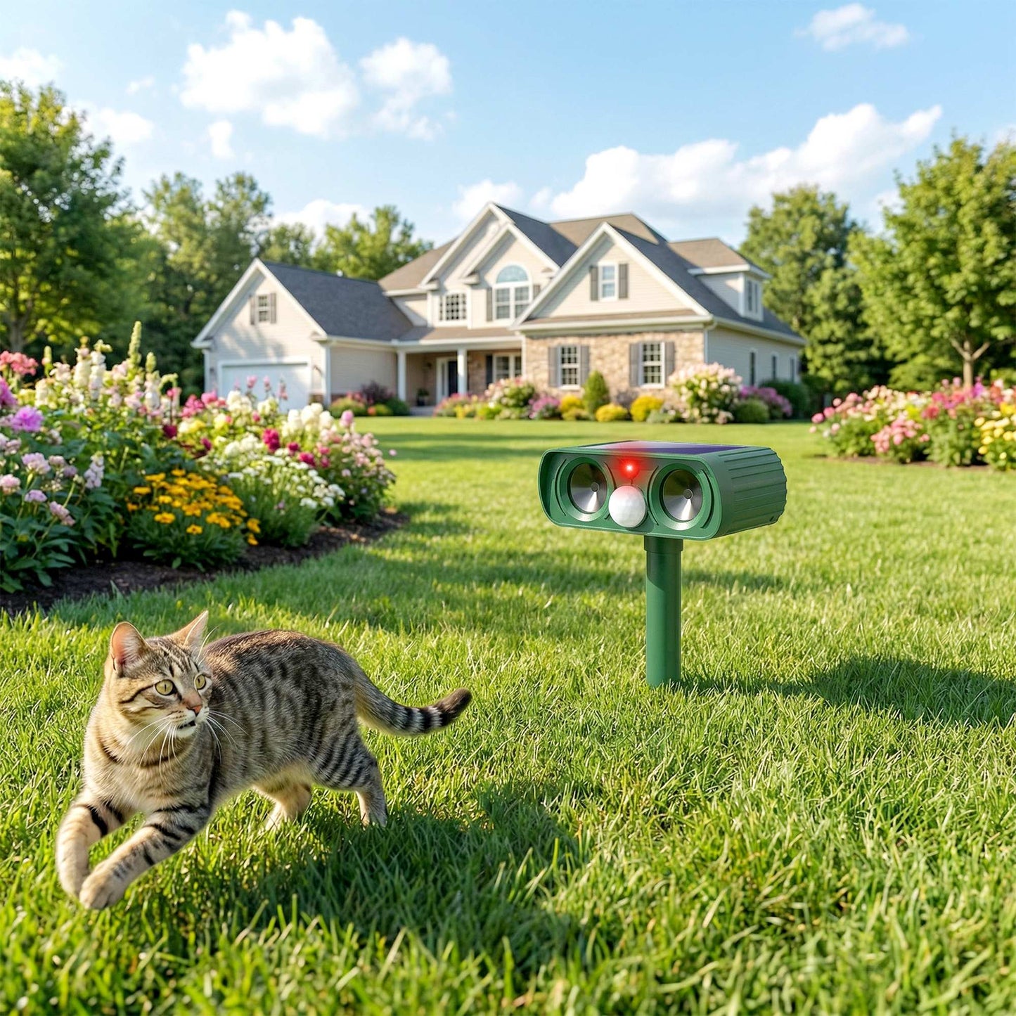 Outsunny طارد القطط بالموجات فوق الصوتية، مستشعر حركة PIR 110 درجة، فلاش LED، طارد القطط الشمسي للحدائق في المملكة المتحدة