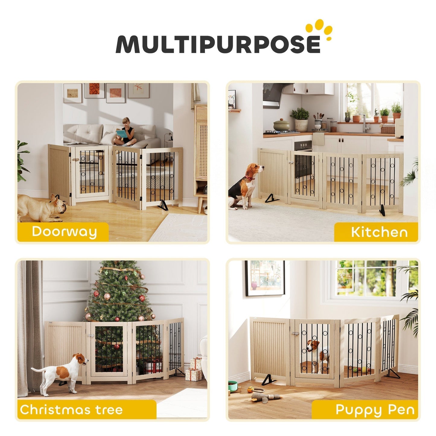 PawHut 4 Panel Freestanding Pet Gate, Indoor Dog Barrier with Lockable Door, Support Feet, 360 degrees Flexible Hinges, Oak