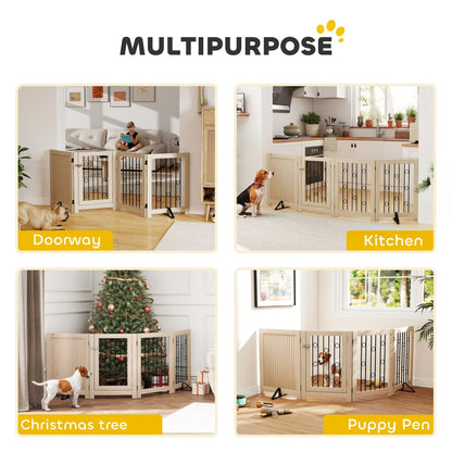 PawHut 4 Panel Freestanding Pet Gate, Indoor Dog Barrier with Lockable Door, Support Feet, 360 degrees Flexible Hinges, Oak