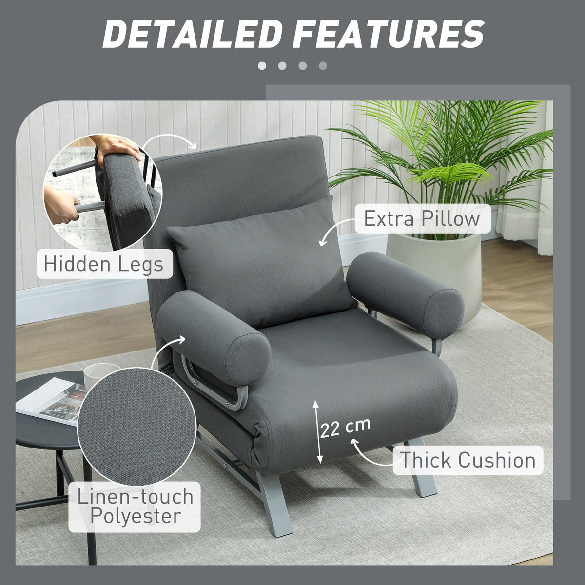 HOMCOM Single Sofa Bed in Dark Grey