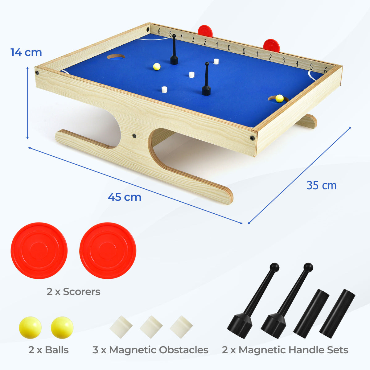 The magnetic mini foosball table with dimensions and included parts labelled