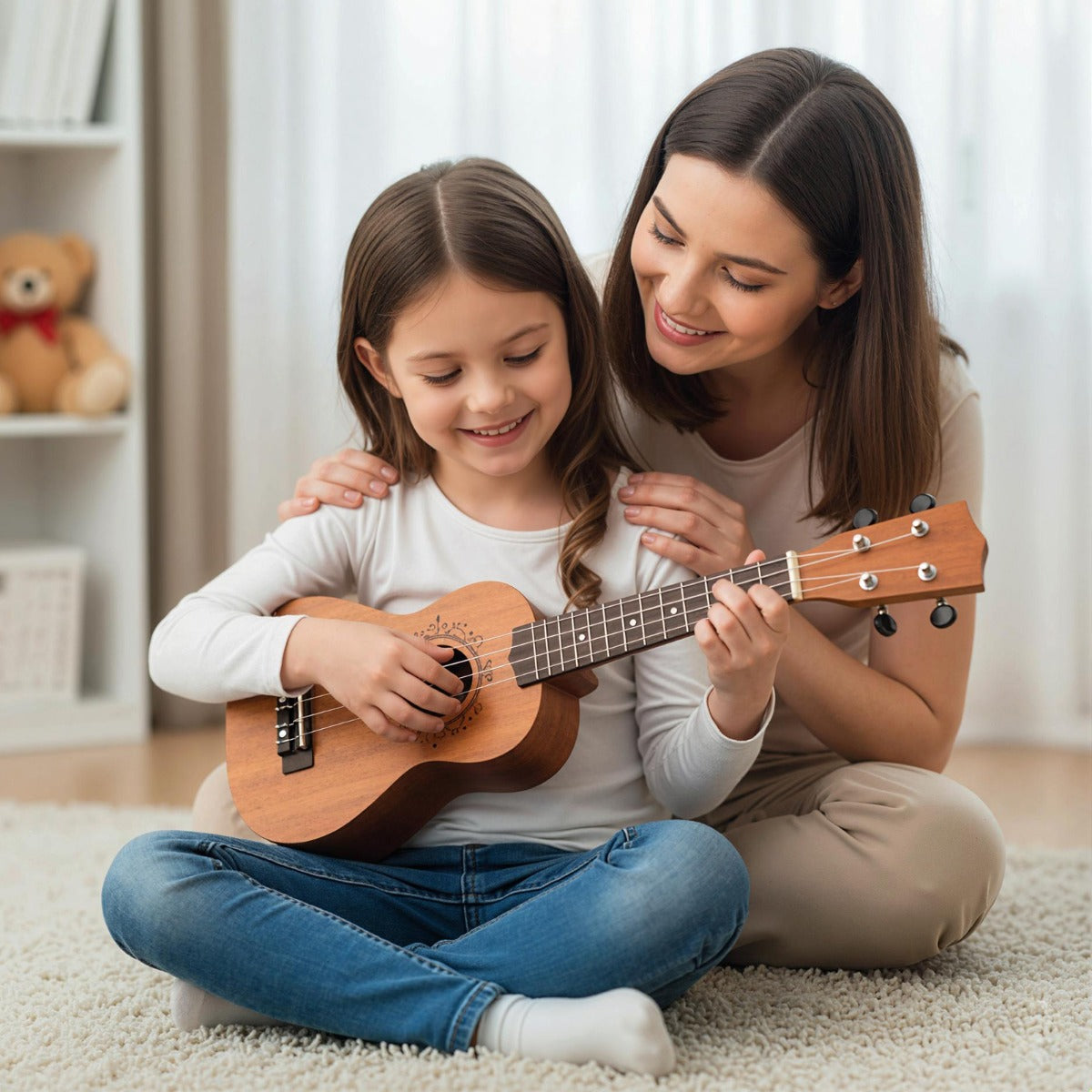 The mahogany ukulele held by a child with an adult guiding their hands