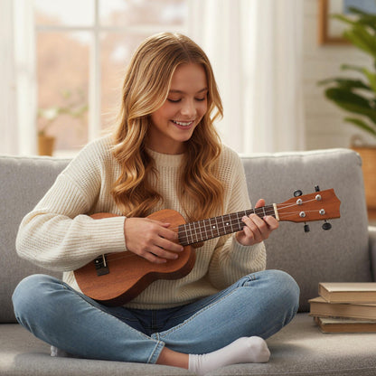 The mahogany ukulele being held and played by a person sitting on a sofa