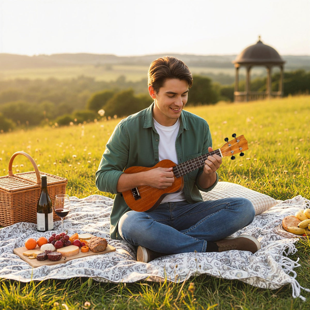 The mahogany ukulele being played outdoors on a picnic blanket at sunset