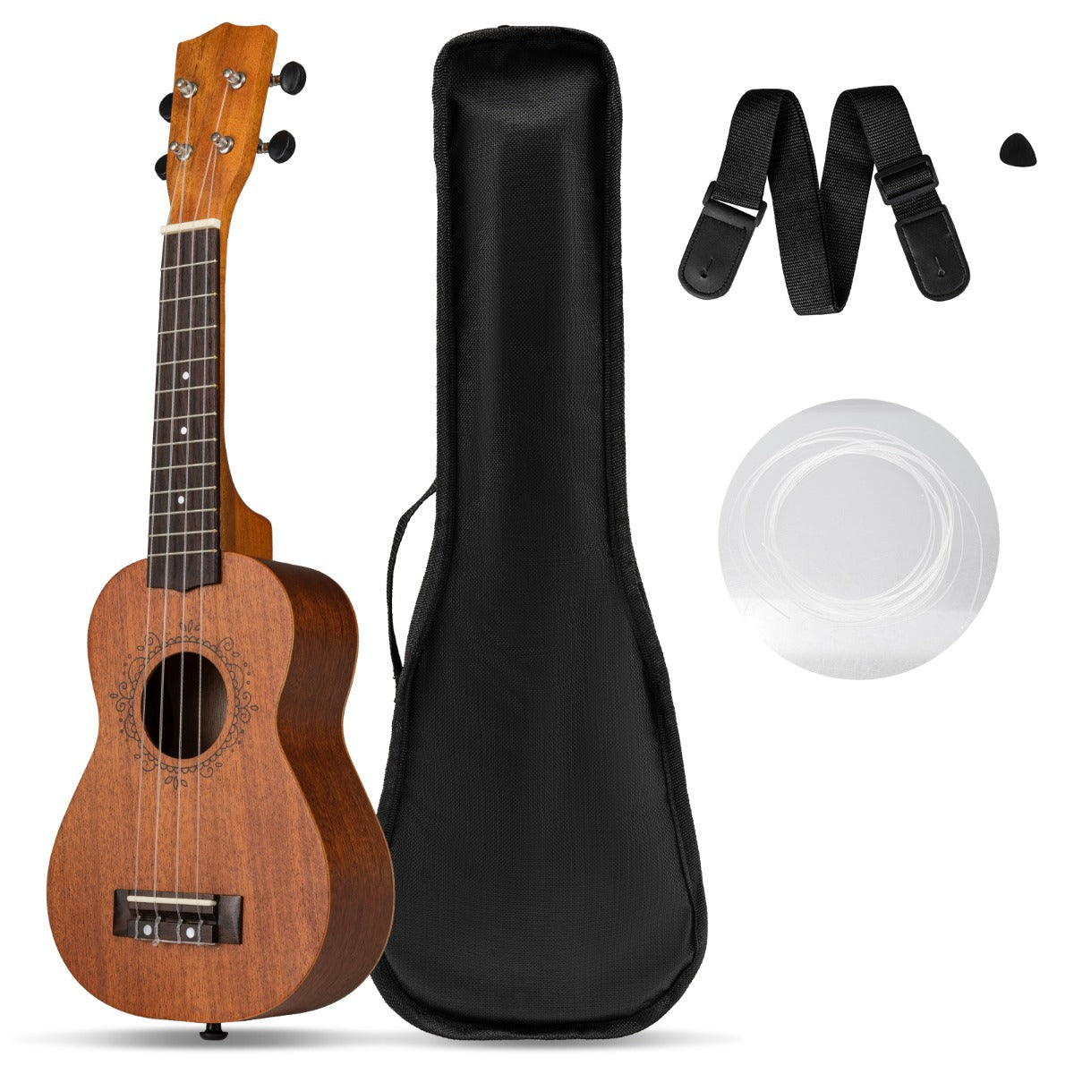 Mahogany Ukulele with Gig Bag and Adjustable Shoulder Strap shown with accessories