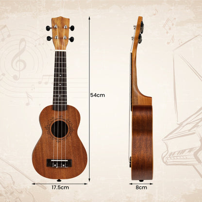 The mahogany ukulele shown from front and side angles with dimension lines