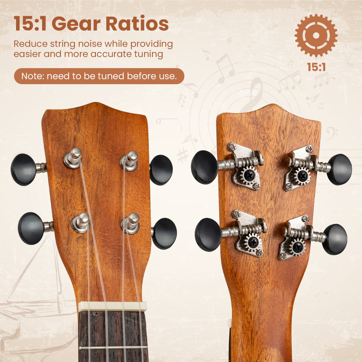 Close up of the mahogany ukulele headstock showing the tuning pegs and gears