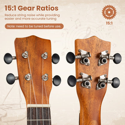 Close up of the mahogany ukulele headstock showing the tuning pegs and gears