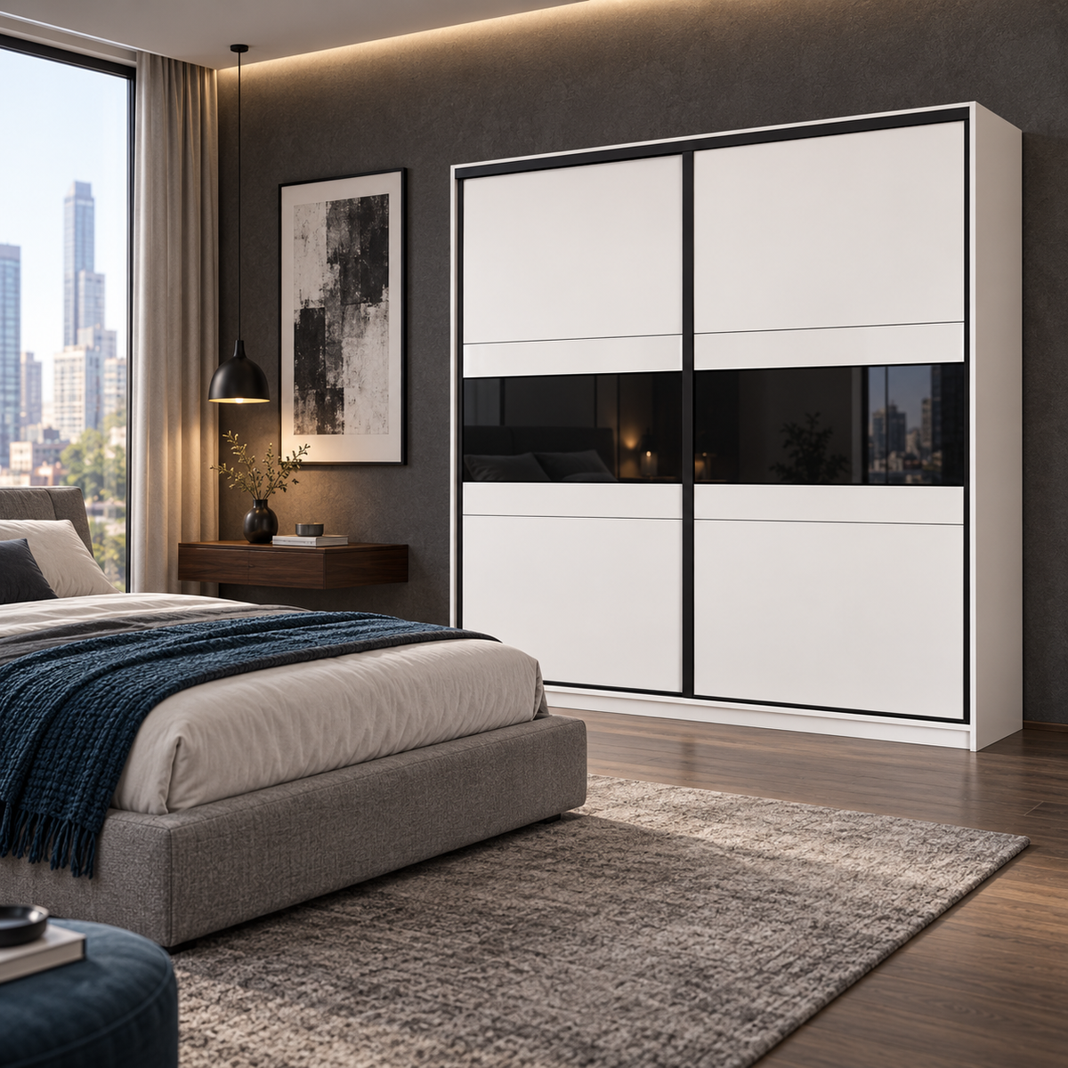 Manhattan Sliding Door Wardrobe 226cm (MANHATTAN-226) in Cashmere and Blac Glass