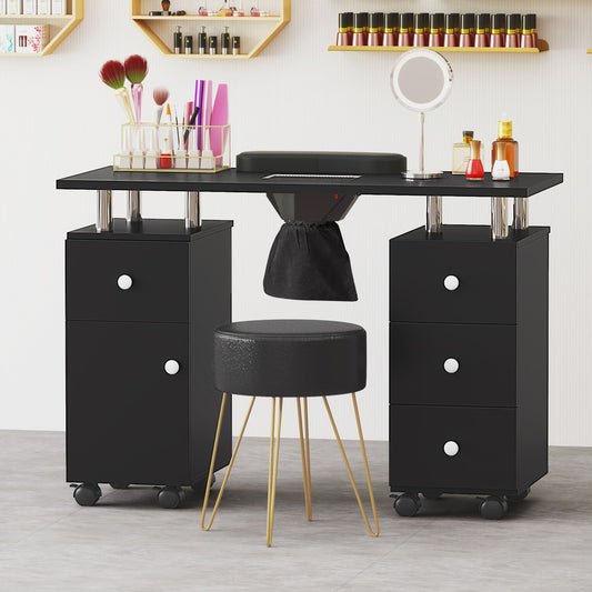 The black nail desk is set up with beauty products and a stool, showing its use in a salon setting