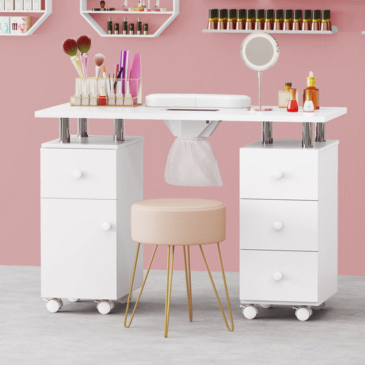 The white nail desk set up in a beauty room with a stool and nail polish bottles