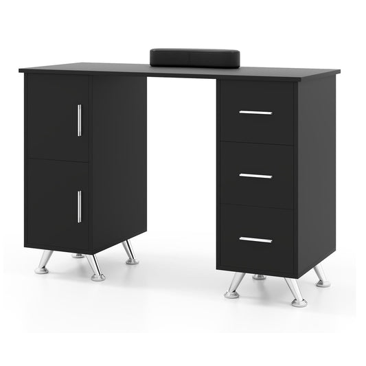 Manicure Table with 8 Metal Legs and Wrist Pad in black with storage drawers and cupboards